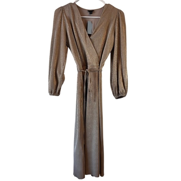 Ann Taylor | NWT | Metallic Pleated Faux Wrap Dress | XSP Petite - Picture 10 of 11